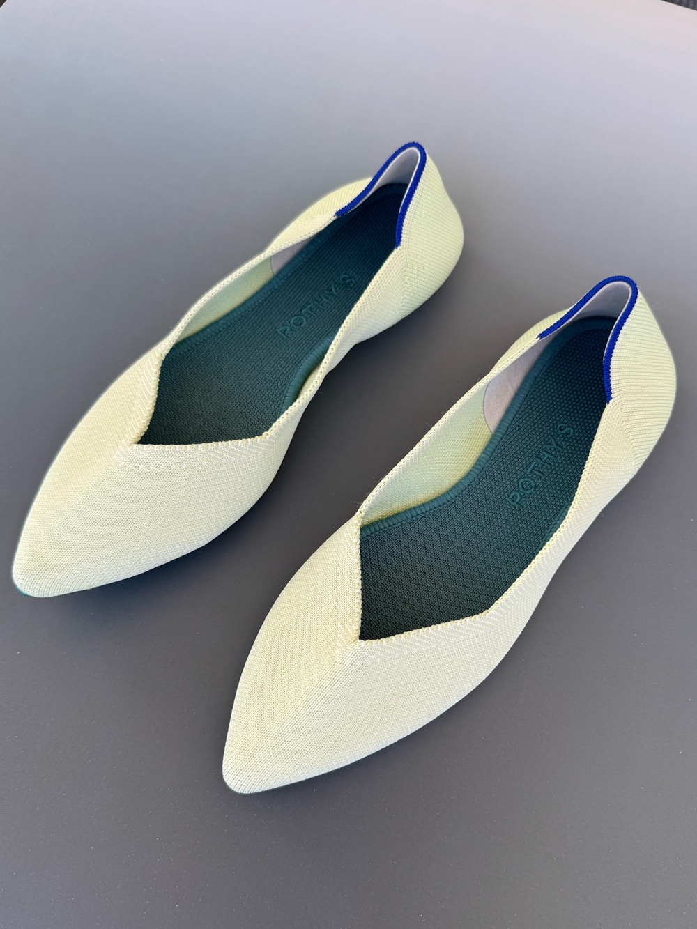 Rothy's Pale Mint Pointed-Toe Knit Flats with Royal Blue Heel Trim